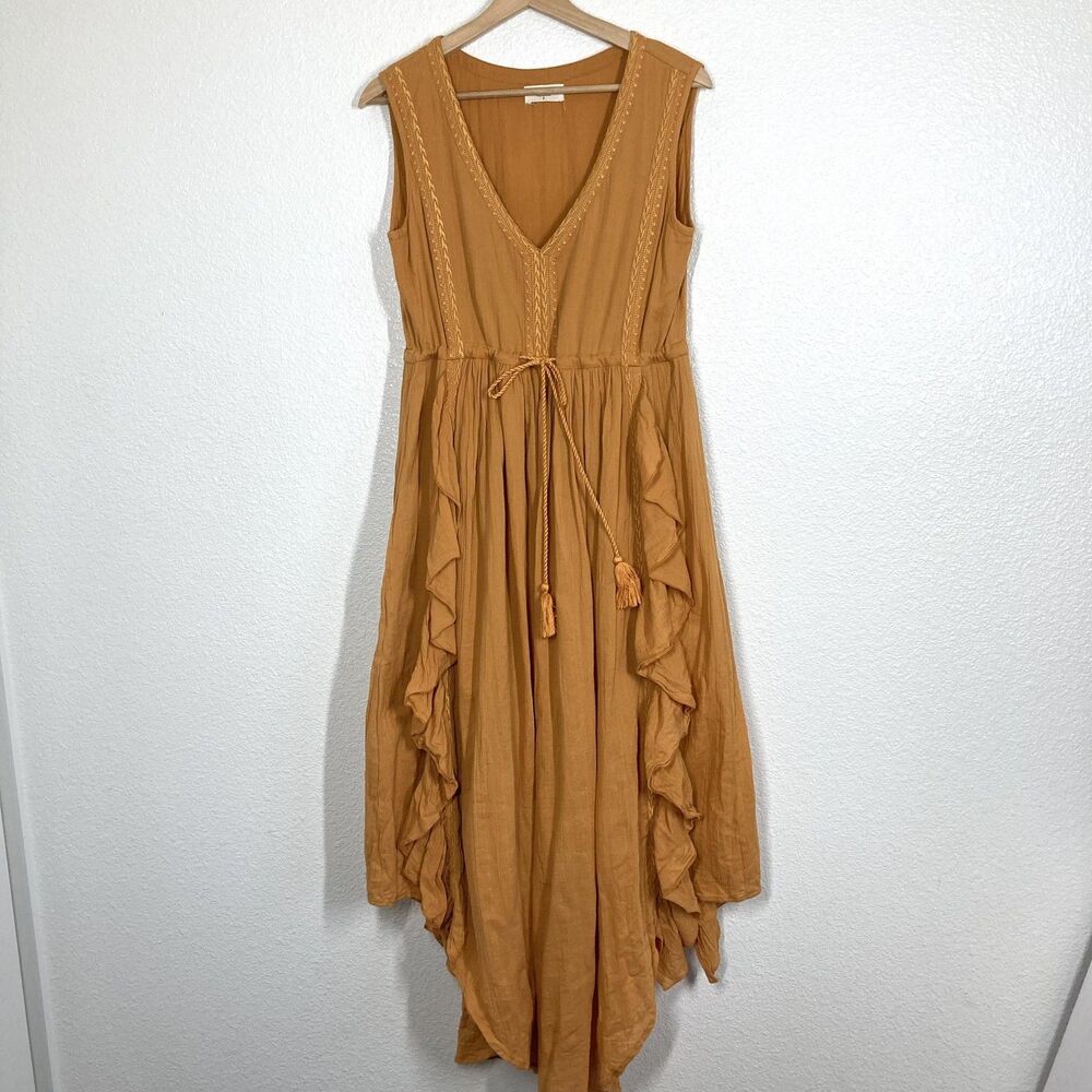 Talisman Sun Dress Small Mustard Yellow Boho Maxi Sleeveless Ruffle Tassel - Picture 16 of 16